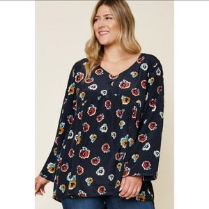 Hayden Plus Midnight Floral Print Empire Waist V Neck Relaxed Fit Pleated Top 2X